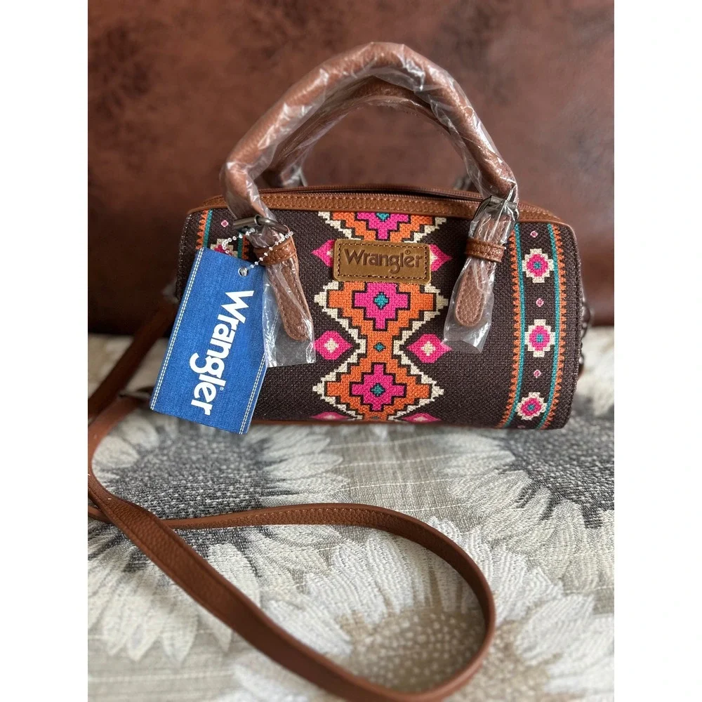 Wrangler Aztec‎ Print Crossbody Satchel Bag Brown Pink Western Barrel Purse